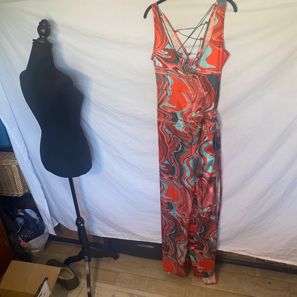 PrettyLittleThing Brown Marble Print Satin Lace Up Wide Leg Jumpsuit US 10 NEW